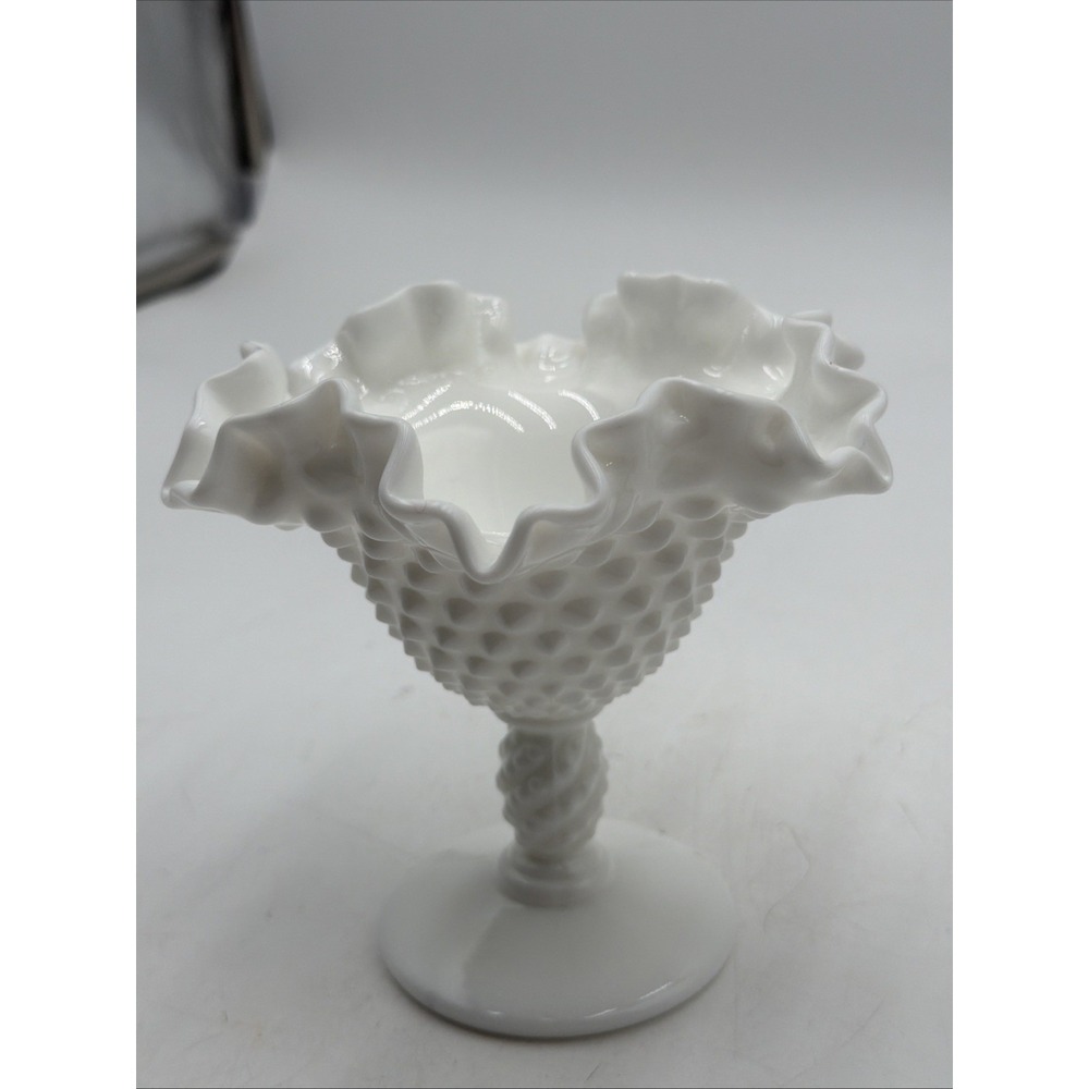 FENTON WHITE HOBNAIL MILK GLASS Pedestal Nut Compote Candy Ruffled Dish 5 inches - Picture 3 of 8